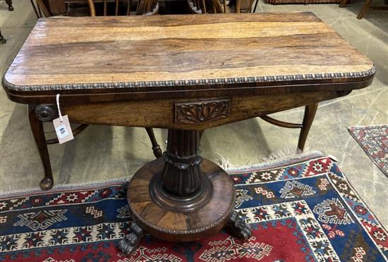 An early Victorian rosewood folding card table, width 90cm depth 45cm height 72cm